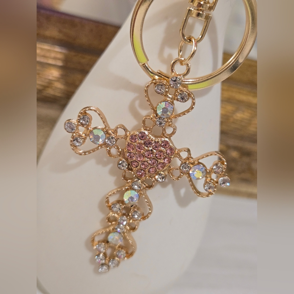 Goldtone and Pink stone Cross Keychain/ Bag Charm